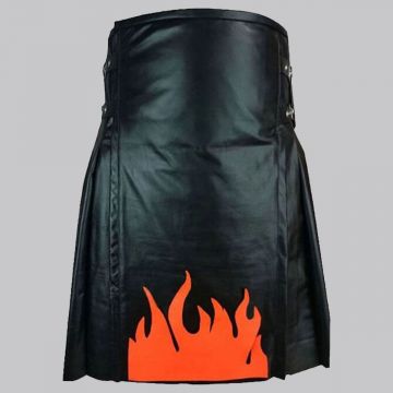 Genuine Fire Flame Black Leather Kilt