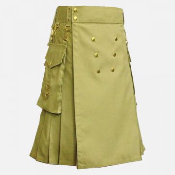 Khaki Utility Kilt With Gold Button