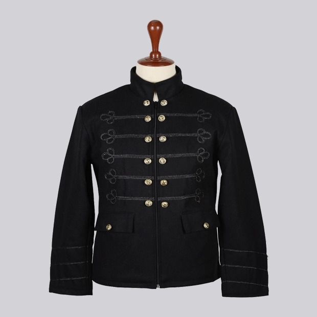 Black Wool Napolian Style Renaissance Military Zipper Jacket For Men
