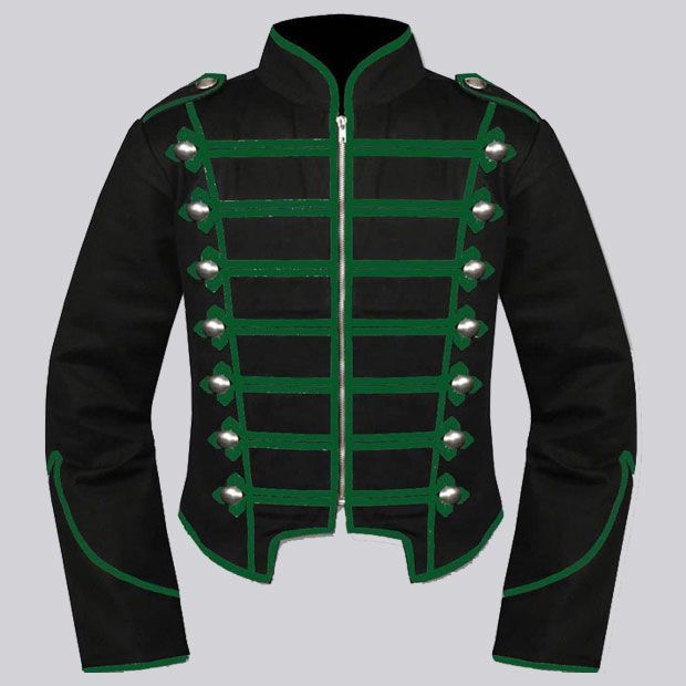 Mens Black Green Military Marching Band Drummer Jacket,Mens Gothic style  military coat