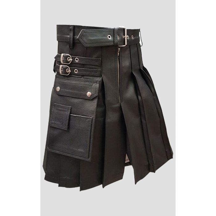 Men Genuine Black Leather Gladiator Pleated Utility LARP Kilt